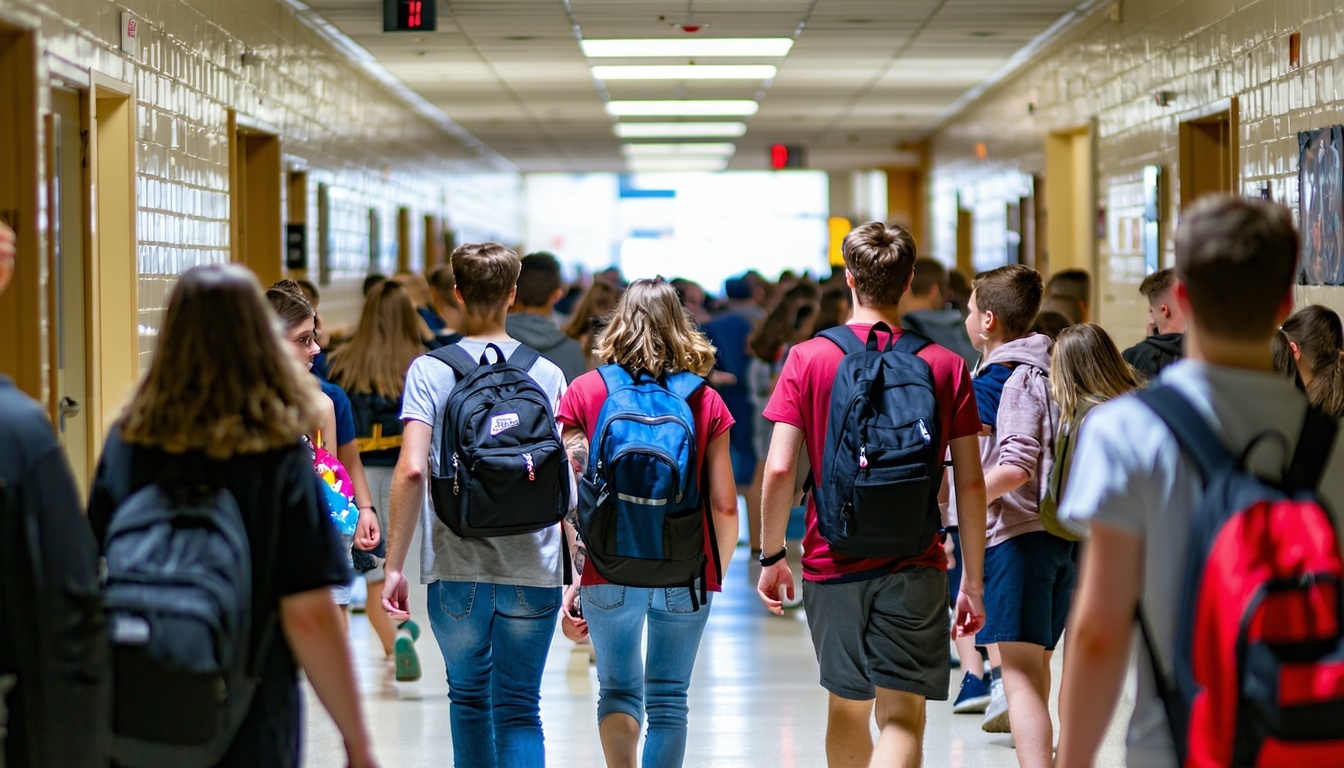 A bustling hallway filled with students chatting a
